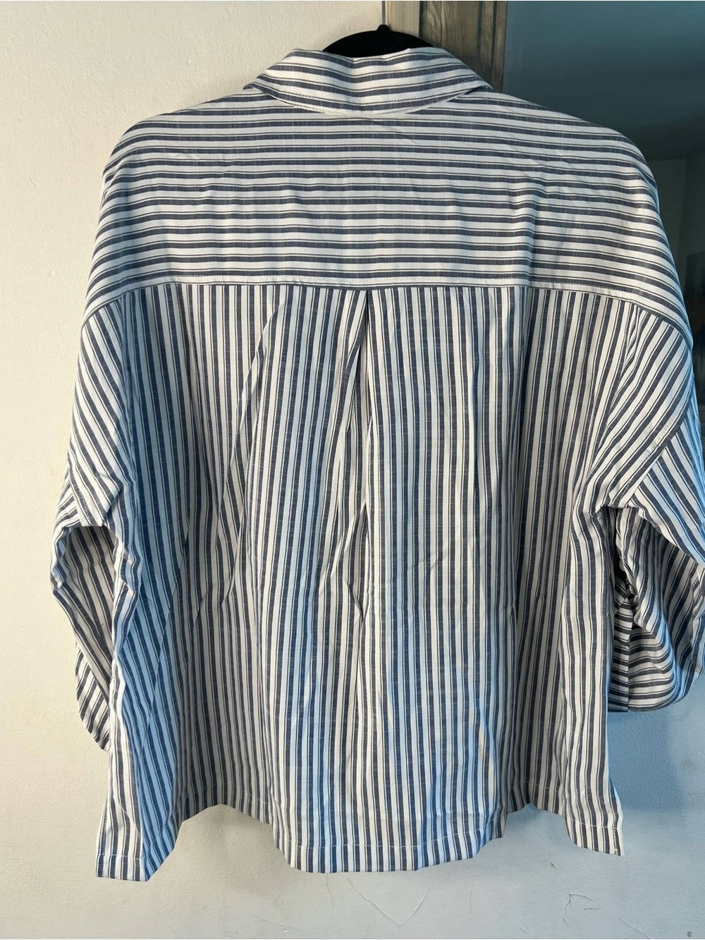 Max Studio Blue and White Vertical Stripe Casual Button-Down Shirt - Picture 3 of 6